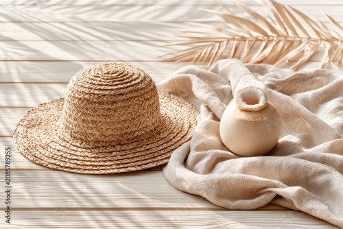 Minimal tropical summer composition featuring woven straw hat, natural coconut and soft linen fabric on a sunlit wooden background.