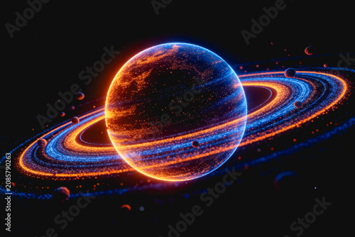 A luminous, neon-hued ringed exoplanet floats in deep dark space, surrounded by small celestial bodies and cosmic debris.