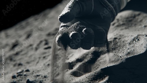 Astronaut studies lunar soil texture as dust falls through gloved fingers. Close up reveals fine regolith particles on moon surface in dramatic low key lighting.
