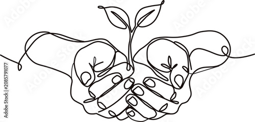 Konstfotografi Humanity Day concept with continuous line art of hands nurturing growing plant