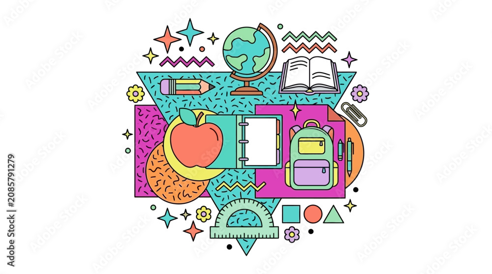 Fototapeta premium back to school concept with educational supplies books apple and backpack on colorful geometric background