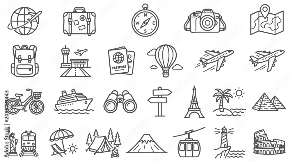 Fototapeta premium flat travel icon set with transportation landmarks and essentials for global tourism and adventure