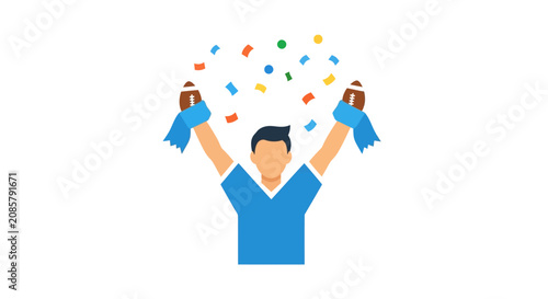Ecstatic stylized male football fan character celebrating victory with arms raised, holding a football and surrounded by colorful confetti on an isolated white background.
