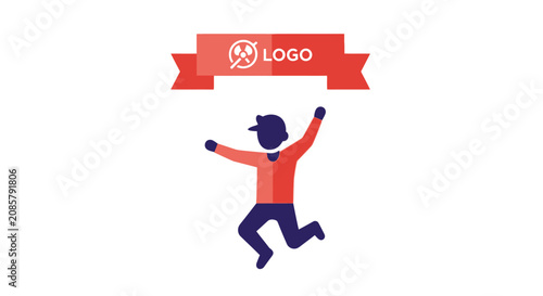 Joyful person jumping with arms raised and holding a banner with a logo on an isolated white background.