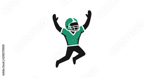 American football player in green uniform jumping in excited celebration on an isolated white background.
