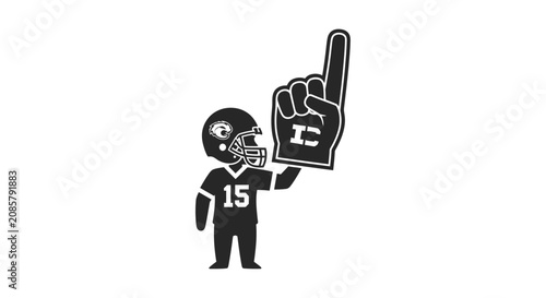 American football player wearing a helmet and holding a large foam finger on an isolated white background.