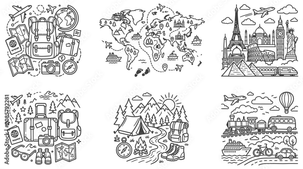 Fototapeta premium travel and tourism icon set with landmarks transport and global exploration concepts