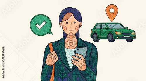 ride-sharing woman successfully confirming a car booking with a mobile app for seamless urban transportation