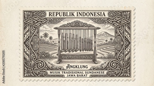 Traditional Sundanese Angklung Music Instrument on Indonesian Vintage Stamp