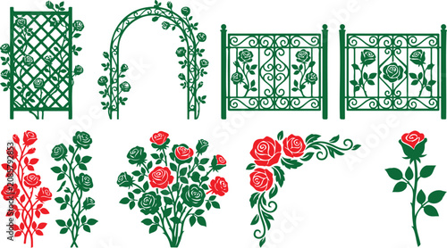 Vászonkép Decorative rose garden vector set with trellis, arbor, wrought iron fence, and f