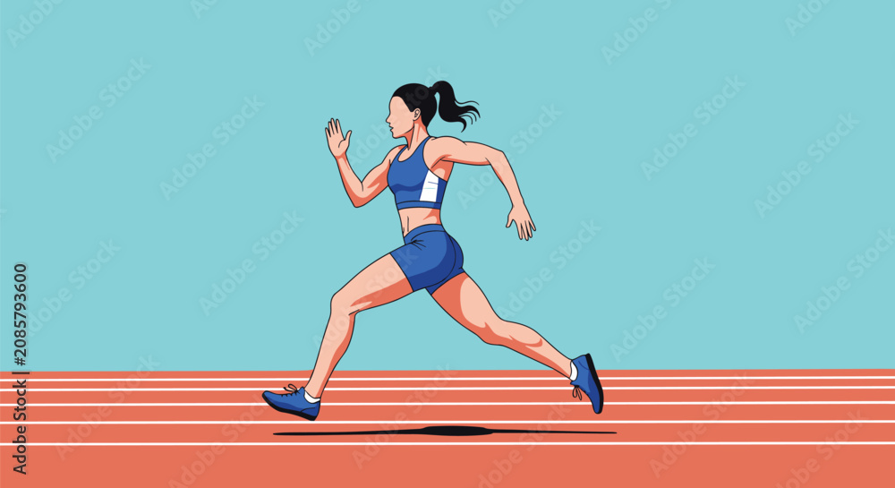 Obraz premium Determined female athlete in blue sportswear sprinting fast on a running track during an athletic championship.
