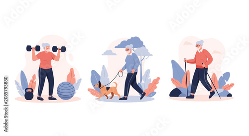 Set of three illustrations showing active senior citizens lifting weights, walking a dog, and nordic walking in a park.