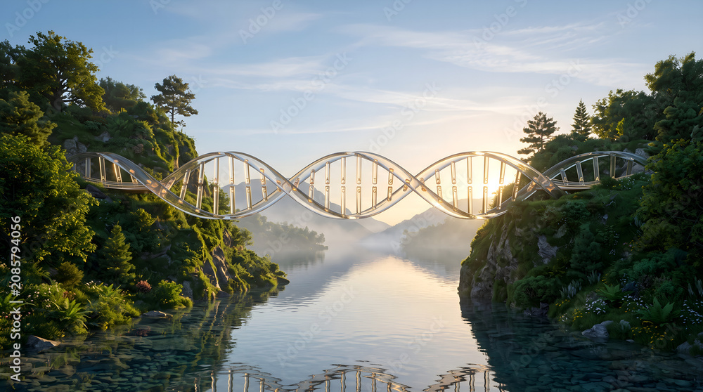 Fototapeta premium DNA Double Helix Bridge Connecting Two Green Cliffs – Future Healthcare and Human Connection Concept