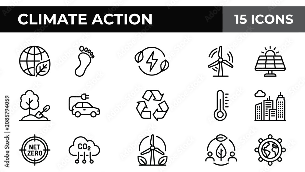 Fototapeta premium Climate action line icons set of 15 vector elements. Sustainability and renewable energy icons for net zero projects.