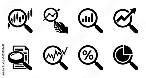 Bild auf Leinwand Magnifying Glass Icons: Data Analysis, Financial Charts, Business Growth, Market
