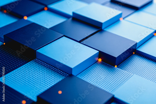 A 3D rendered geometric composition of stacked cubic blocks in varying blue tones, accented with small orange lights, representing modern digital design and tech concepts.
