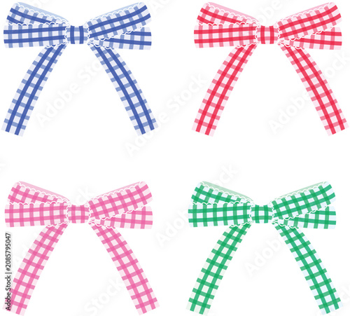 Set of pink, red, blue, green gingham bow with white lace trim, girly plaid bow ribbon decoration illustration