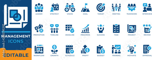 Konstfotografi Management Project Leader Strategy Teamwork Task Icon Set - editable vectors for corporate workflow, timeline planning, and administration