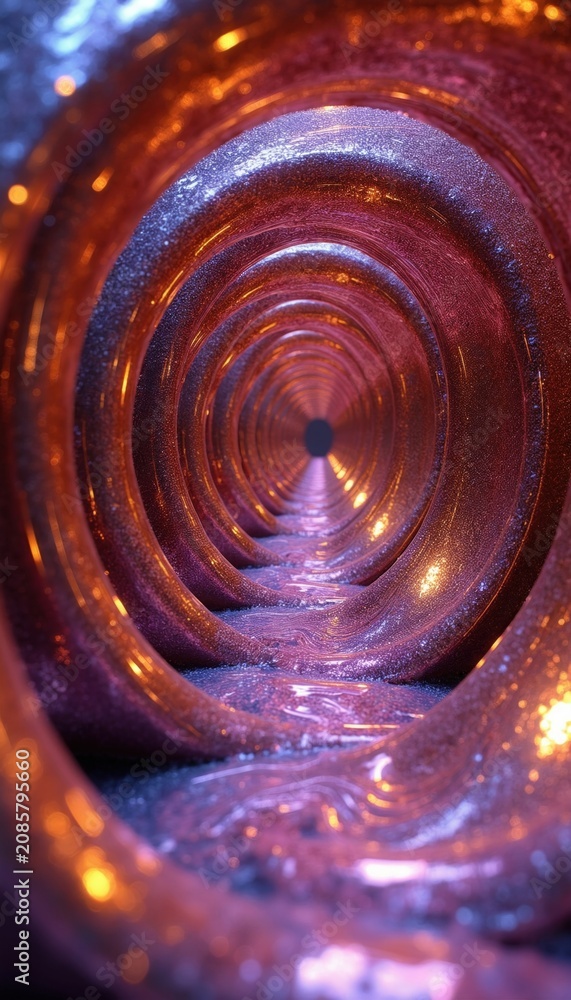Fototapeta premium Abstract swirling tunnel with metallic sheen and sparkling particles. Flowing liquid or path reflects glowing orange and purple light. Endless, otherworldly, or futuristic concept.