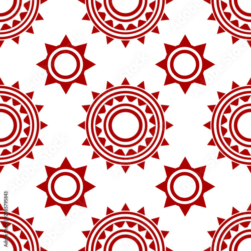 Seamless geometric pattern featuring abstract folk sun and mandala motifs on a white background.