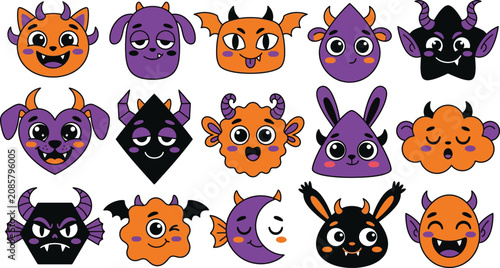 Fotografi Cute cartoon Halloween monster avatars set featuring colorful funny ghosts zombies horned demons multi eyed aliens and spooky creatures vector illustration for kids party
