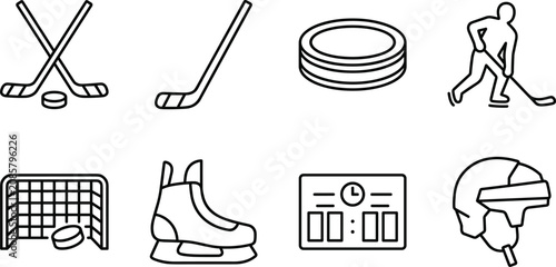 Photography Ice Hockey Icon Set Featuring Crossed Sticks Puck Player Net Skate Scoreboard an