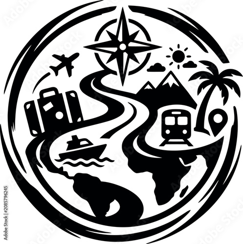 global travel world journey adventure tourism vacation a captivating illustration showcasing diverse transport and iconic destinations worldwide.