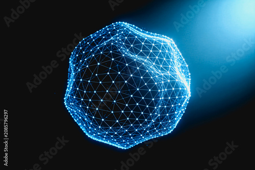 A 3D rendered glowing digital sphere composed of connected nodes and triangular mesh lines, representing network or data structure.