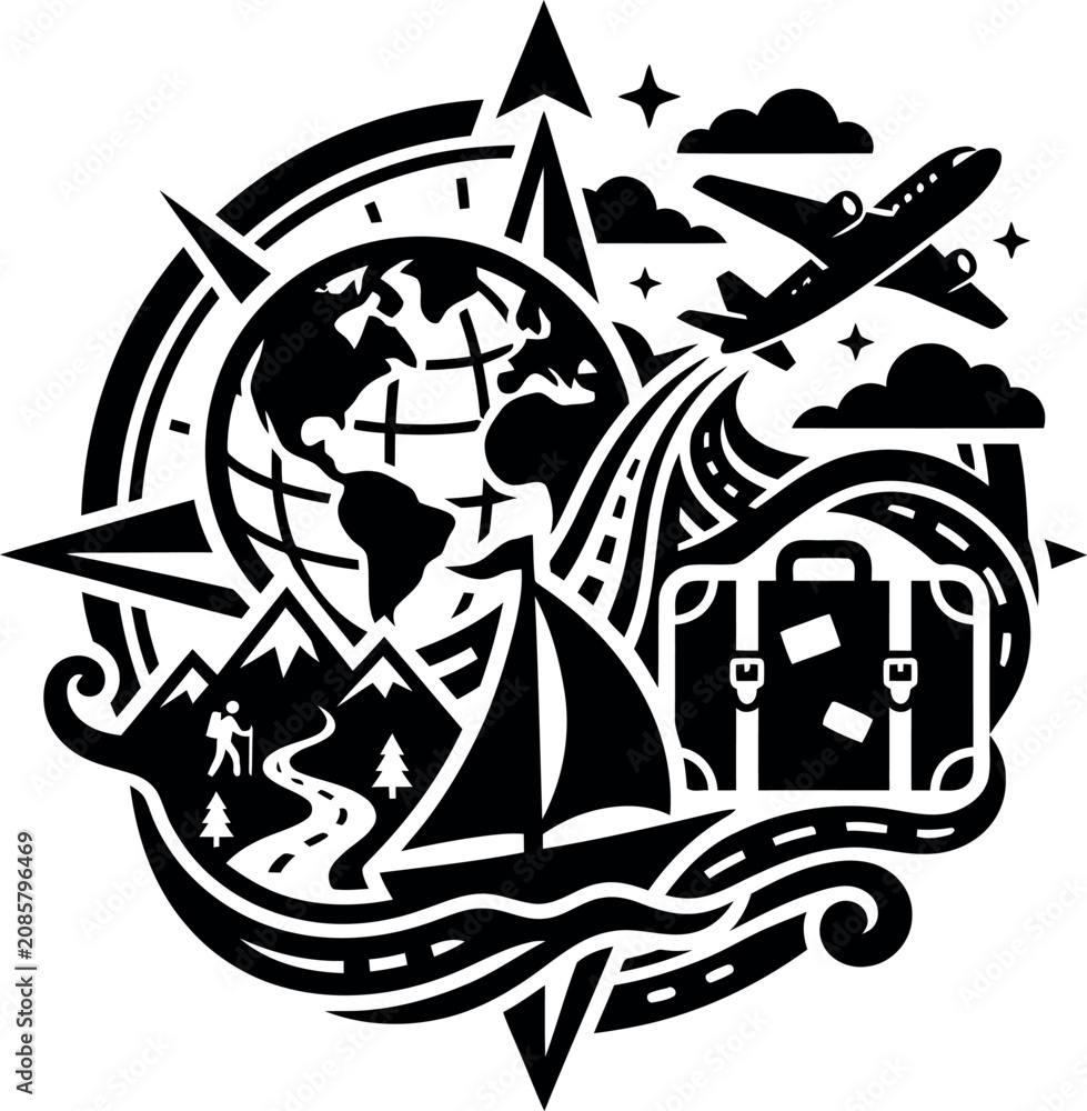 Fototapeta premium travel and adventure concept with globe airplane suitcase sailboat and mountains