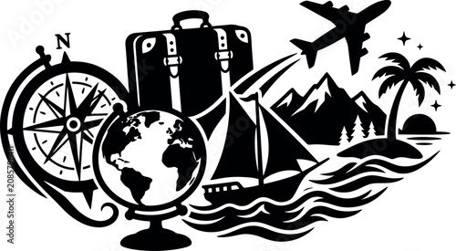 global travel adventure exploration concept with vintage suitcase airplane sailboat compass and various popular destinations.