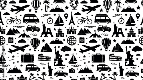 travel and tourism seamless pattern featuring diverse vector icons perfect for global adventure and vacation background designs