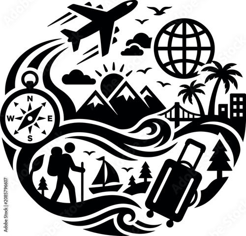 iconic travel and adventure symbols arranged in a circle representing global journeys