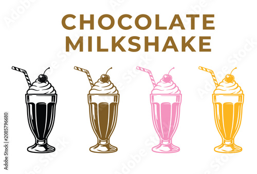 Chocolate milkshake drink icons with whipped cream and cherry in four different color styles