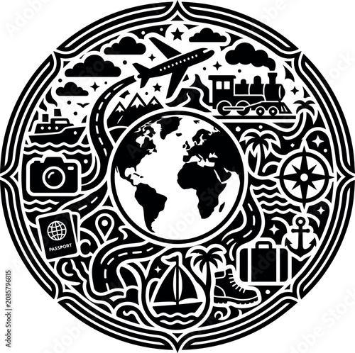 global travel and adventure concept with icons of airplane train ship passport and camera