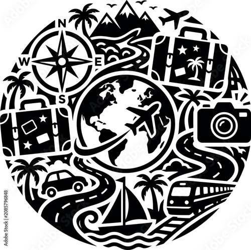 world travel concept with plane suitcase compass car train boat and camera