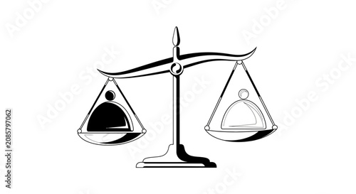Schilderij op canvas Black and White Icon of Balance Scales with Abstract Human Figures on Both Sides