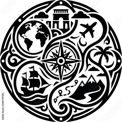vintage travel mandala with compass airplane ship and globe