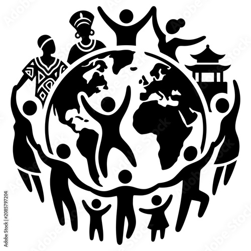 global unity diversity and interconnectedness shown by people around the world forming a supportive community for peace.