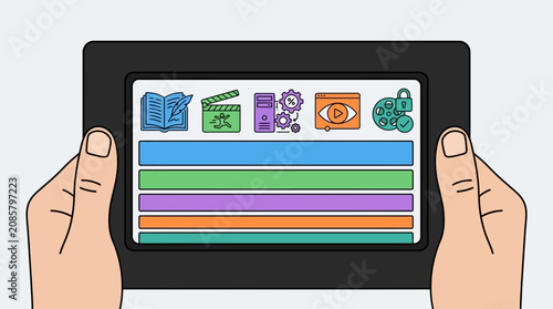 hands holding tablet with colorful icons and rows of data concept of digital media and online services