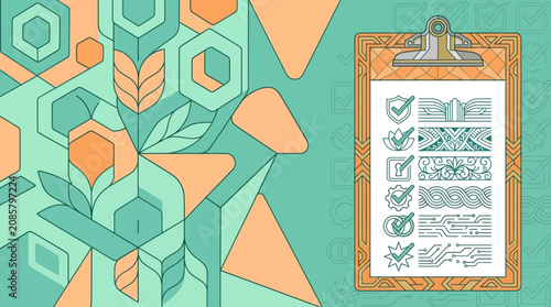 geometric patterns with clipboard and checkmarks abstract background
