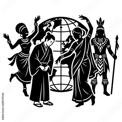 multicultural people from diverse world cultures stand united around a global map symbolizing international community and cultural diversity.