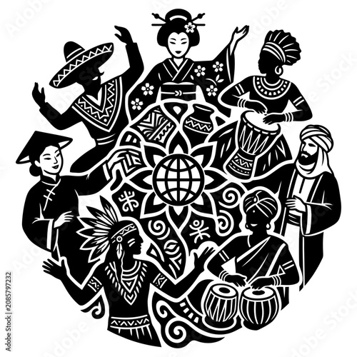 multicultural people from diverse cultures celebrating global unity around a world globe icon symbolizing harmony and inclusion.
