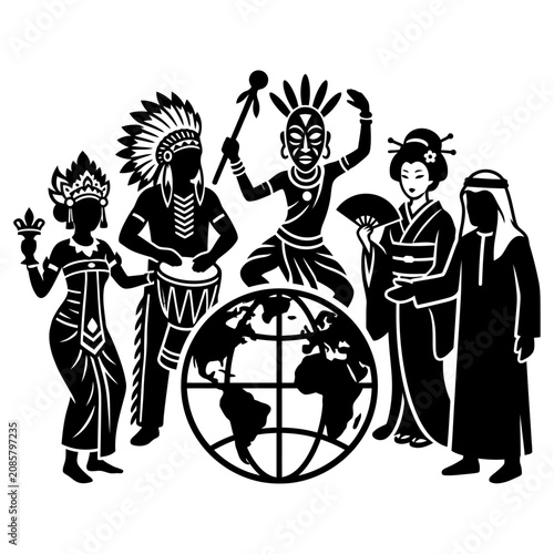 people in traditional costumes surrounding a globe symbolize cultural diversity global community and international cooperation.
