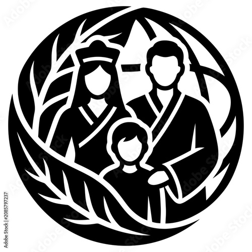 traditional asian family icon embodying family values and cultural heritage framed by a nature emblem symbolizing unity.