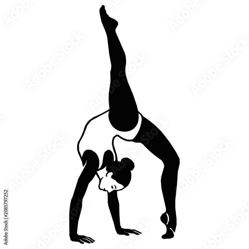 Artistic gymnast silhouette of a female acrobat showing extreme flexibility during a rhythmic gymnastics routine with leg extension