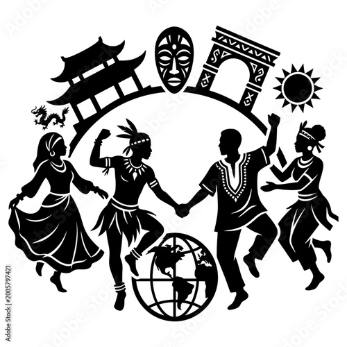 multi ethnic people dancing to celebrate global unity and cultural diversity surrounded by world cultures symbols.