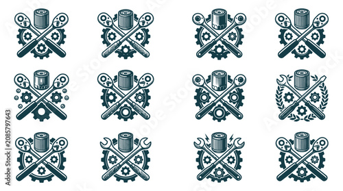 Canvastavla Set of twelve monochrome automotive service emblems featuring crossed ratchets, oil filters, and gears
