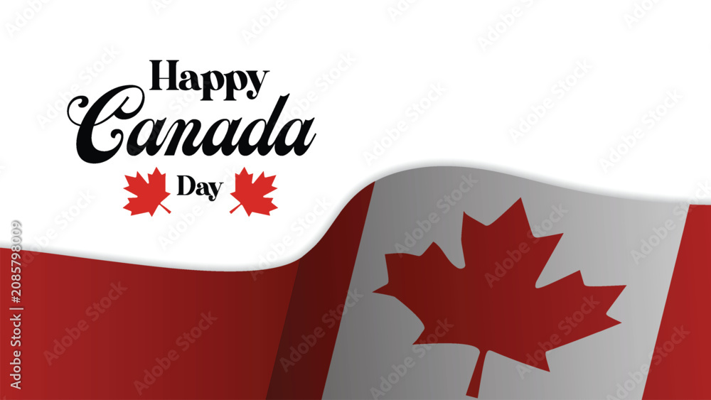 Fototapeta premium Happy canada day greeting card design with a waving canadian flag and red maple leaves