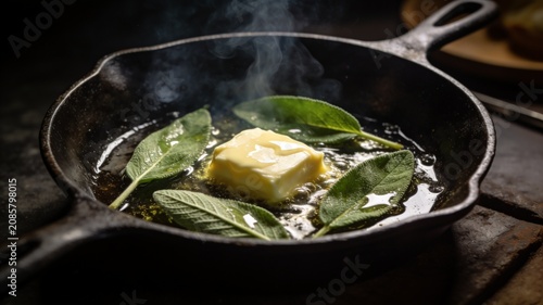 A close-up of a block of butter melting and bubbling with fresh green sage leaves in a hot cast iron skillet, with steam rising.