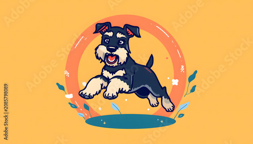 Playful Black and White Dog Line Art Jumping Through Hoop on Warm Gradient Background
